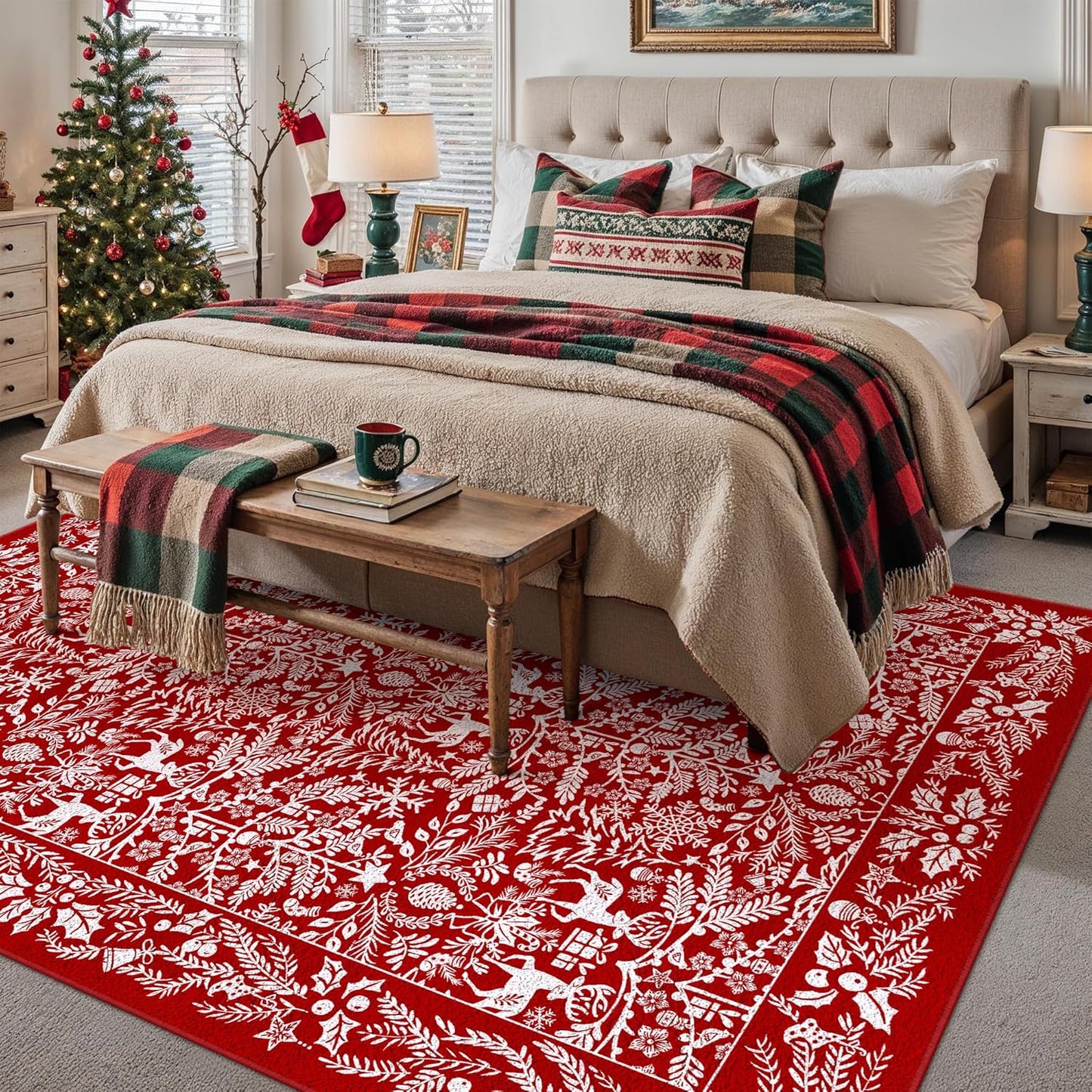Christmas Area Rug 9x12 Machine Washable Xmas Snowflake Holiday Decor Living Room Rugs Low Pile Carpet Indoor Doormat Red Non-Slip Christmas Deer Carpet for Bedroom Kitchen Dining Bathroom