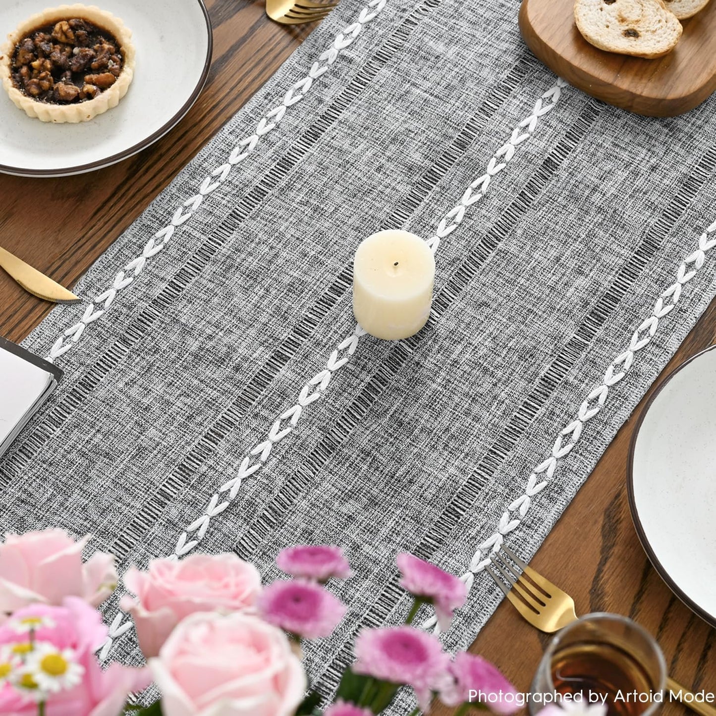 Artoid Mode Dark Grey Rustic Cotton Linen Table Runner, Seasonal Embroidered Hollow Kitchen Dining Table Decoration for Home Party Decor 13x36 Inch