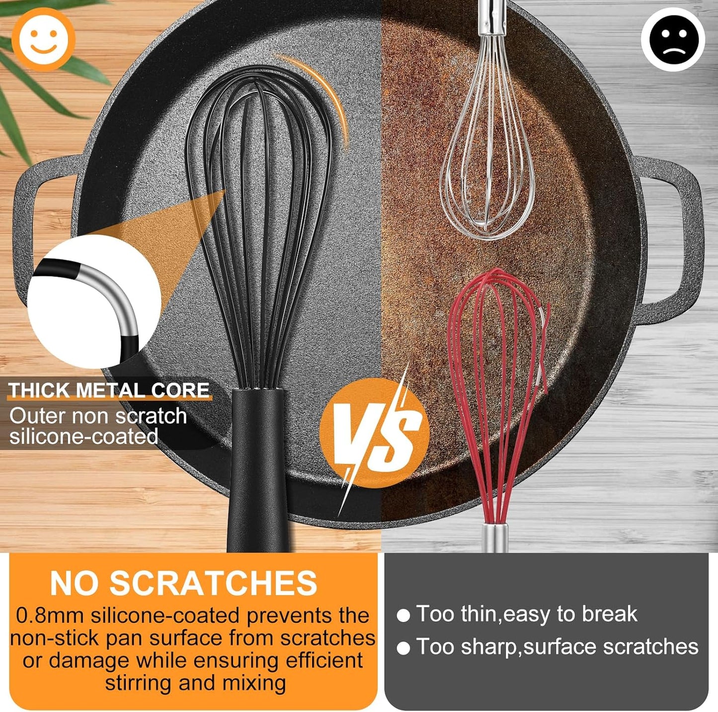 Silicone Whisk,Heat Resistant Non Scratch Whisks Set of 3,Stainless Steel & Silicone Wisk for Cooking,Kitchen Whisk For Nonstick Cookware,Balloon Egg Whisk Perfect for Blending,Beating,Frothing-Black