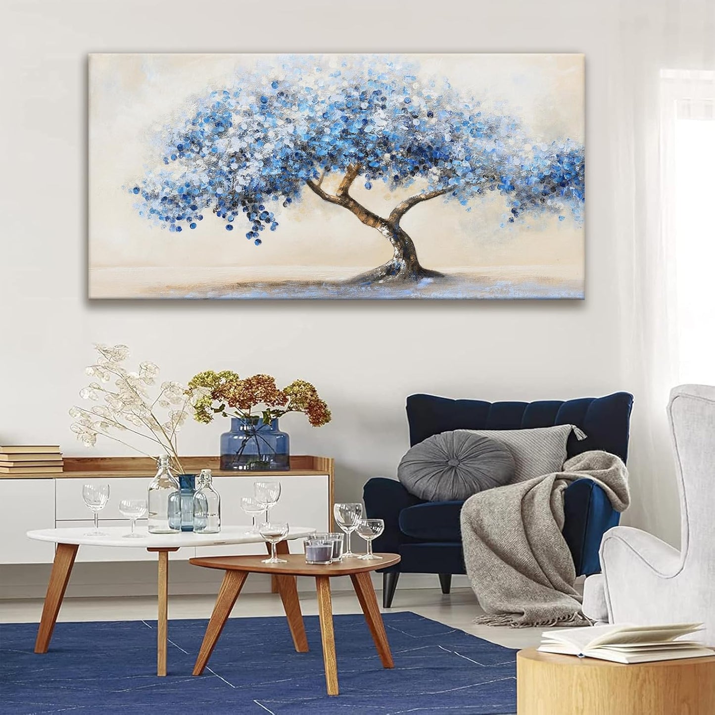 Suconvng Large Wall Art For Living Room Blue Abstract Art Tree Of Life Modern Artwork Canvas Art Wall Decor Painting Tree Pictures Ready To Hang For Bedroom Office Home Wall Decor 29"X 58"