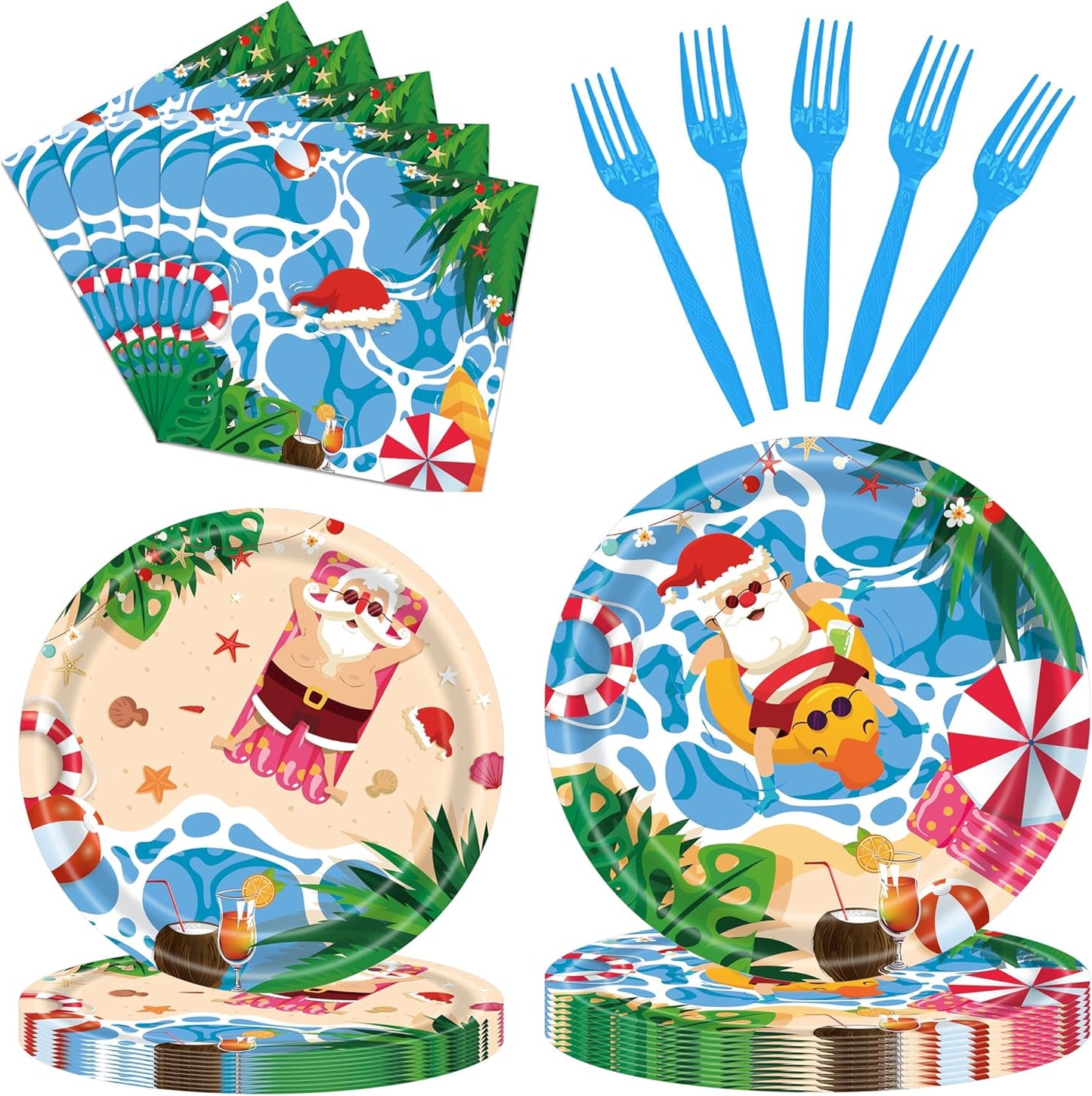 96 Pieces Christmas July Disposable Tableware Set - Tropical Beach Santa Party Supplies with Paper Plates, Napkins, Forks for Holiday Celebrations, Hawaiian Summer Christmas, and Pool Party Decor