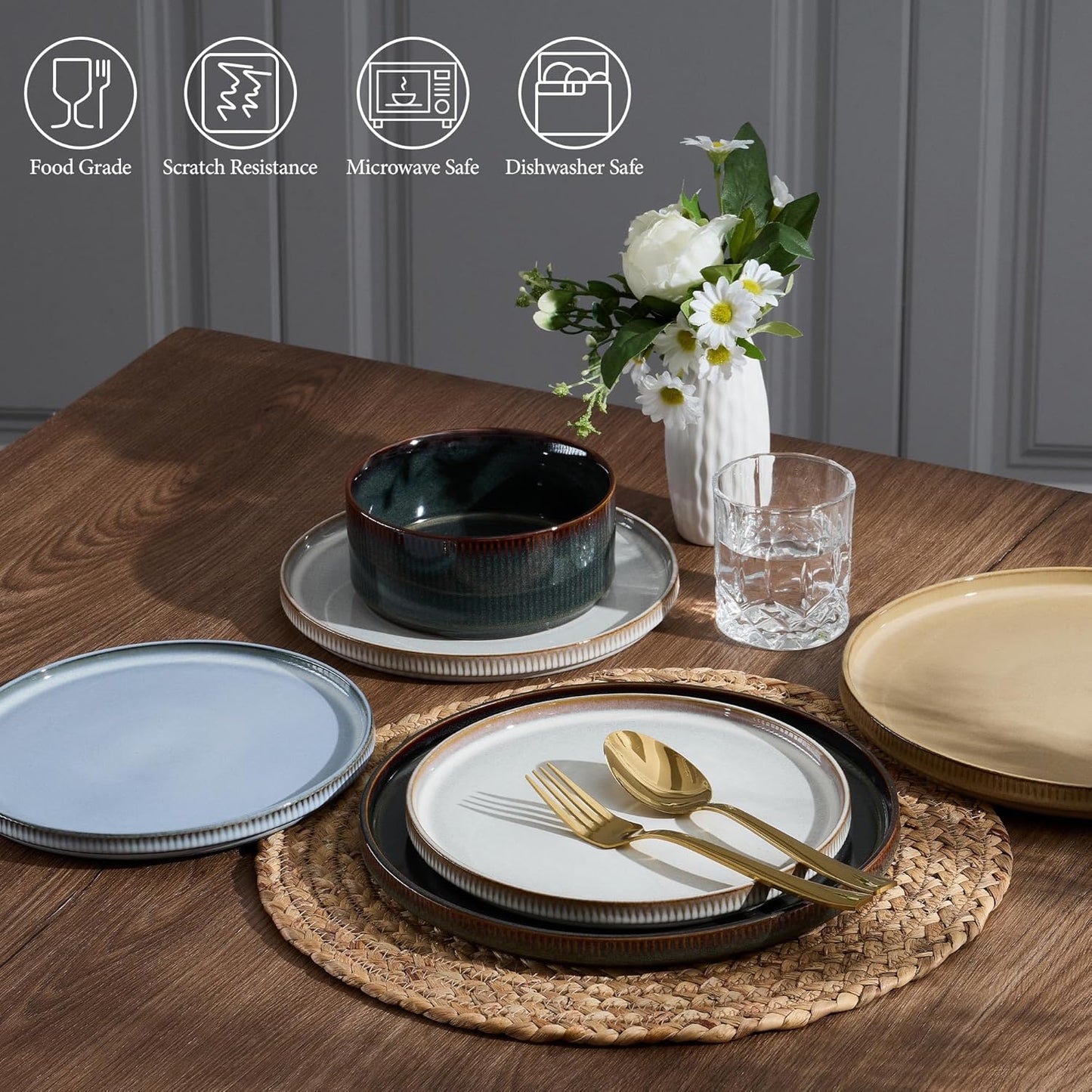 E-far 12-Piece Plates and Bowls Sets, Stoneware Dinnerware Dishes Sets for 4, Kitchen Modern Dining Dishware, Chip & Scratch Resistant, Microwave & Dishwasher Safe, Multicolor