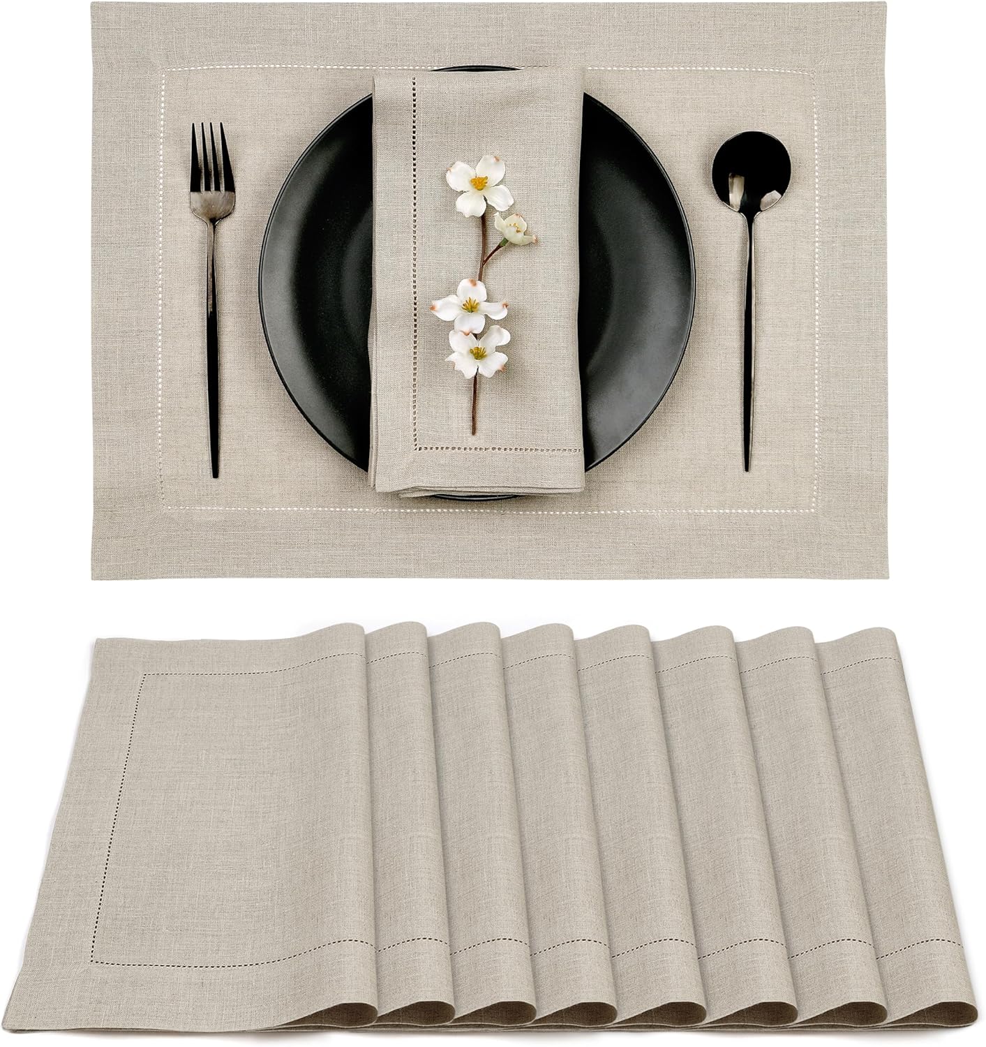 D'Moksha Homes Linen Placemats Set of 8 - Classic Hemstitch Natural Placemats 14 x 19 Inch - 100% Pure Linen Table Mats for Fall, Autumn and Halloween - Handcrafted and Machine Washable