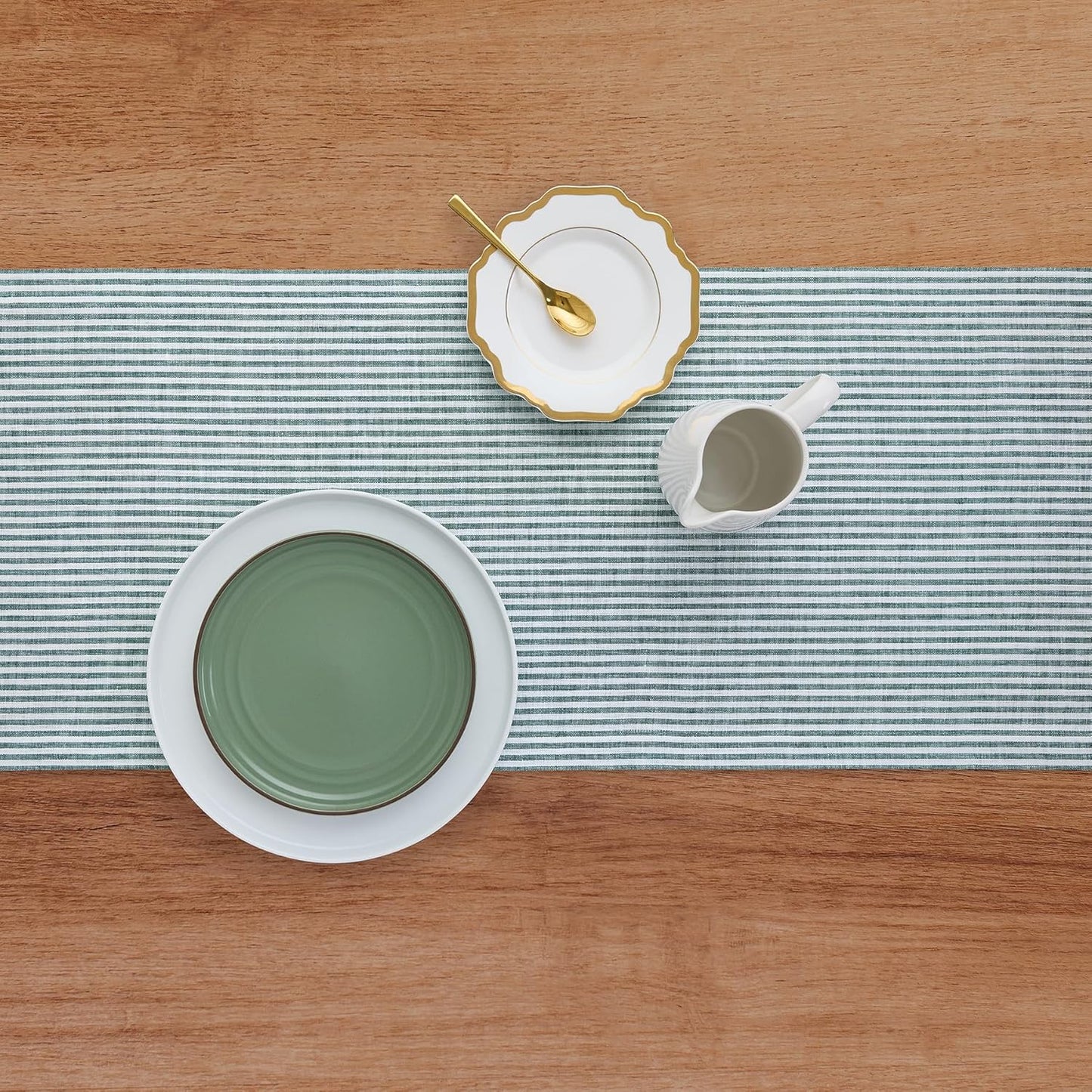 Solino Home Linen Table Runner 90 Inches Long - Narrow Stripe, 100% Pure Linen Rainforest and White Farmhouse Table Runner 14 x 90 Inch for Dining, Christmas