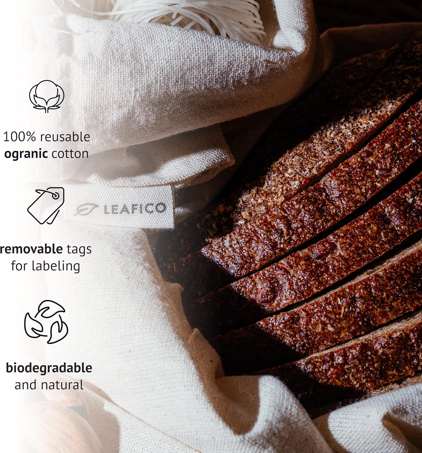 LEAFICO Multipurpose Eco Cloth Bags - Large 10x12 Inch (12 Pack) - Cotton Produce Storage Sacks - Muslin Drawstring Pouches for Vegetables - Bread Bags - Linen Fabric Sachets