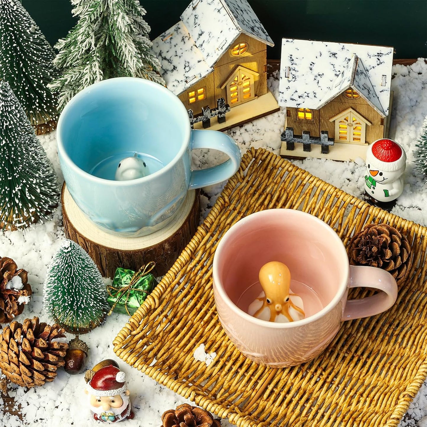 Octopus Ceramic Cup Hidden 3D Animal Inside Mug,Cute Cartoon Handmade Figurine Mug,Christmas Birthday Surprise for Friends Family or Kids (Pink Octopus)