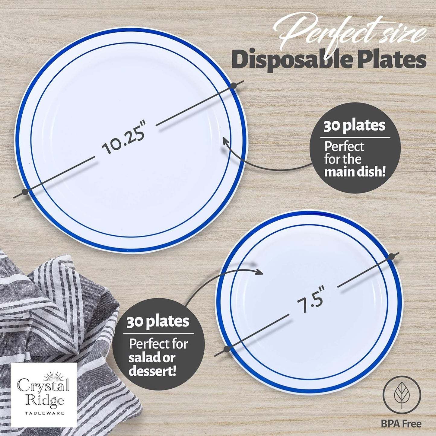 60 Pieces White Plastic Disposable Plates - Premium Heavy-Duty 30 Dinner Plates & 30 Salad Plates with Blue Rim Ideal for Party, Birthday and Special Events
