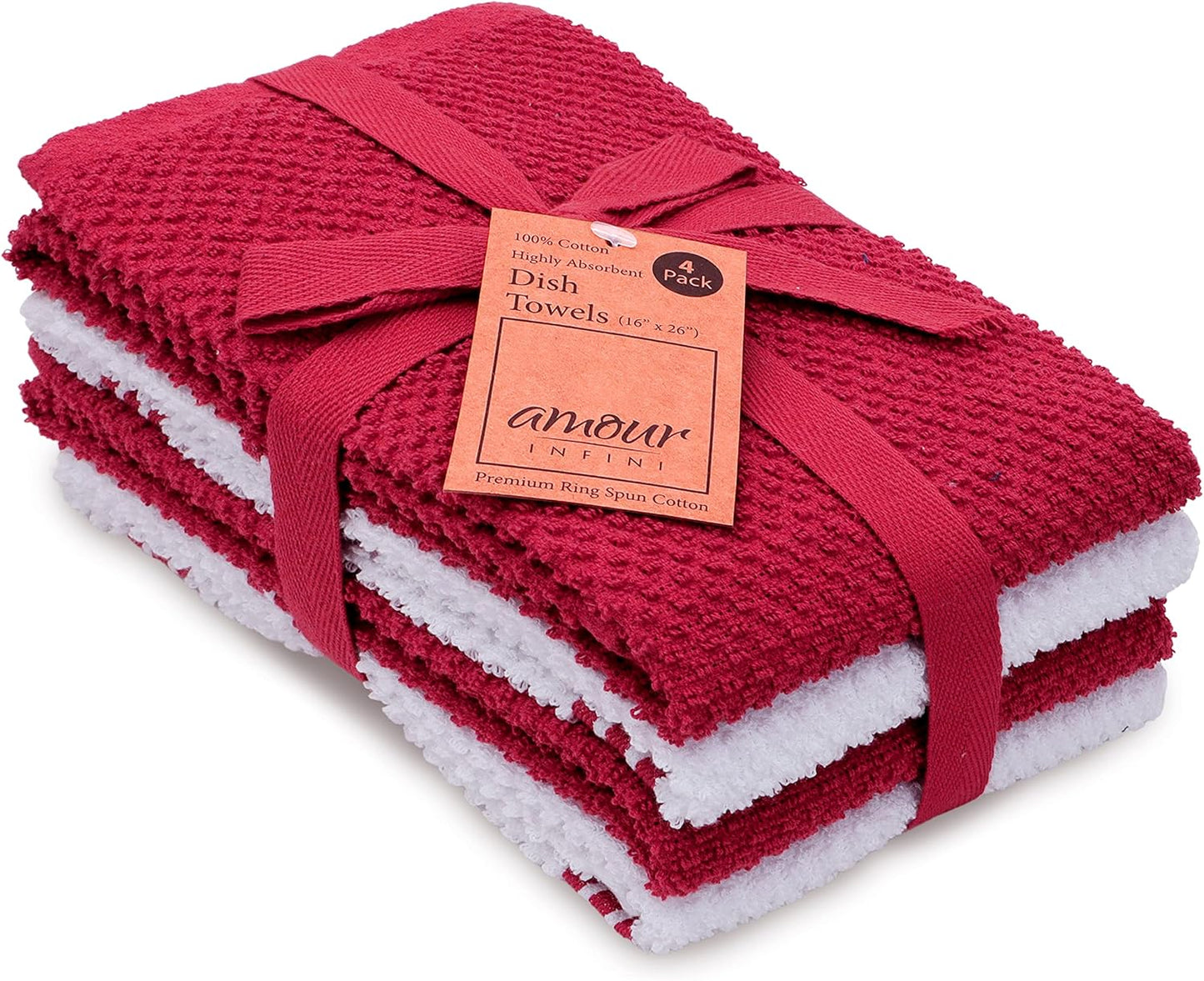 Amour Infini Kitchen Towels Pack of 4 - Absorbent, Quick Drying Premium Cotton Tea Towel - Kitchen Linens 16x28 Inch Dish Towels with Hanging Loop (Red)
