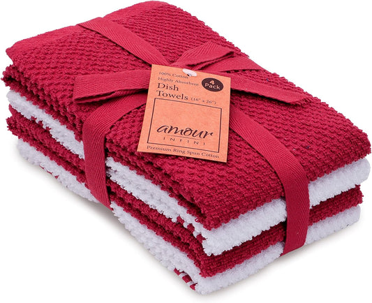 Amour Infini Kitchen Towels Pack of 4 - Absorbent, Quick Drying Premium Cotton Tea Towel - Kitchen Linens 16x28 Inch Dish Towels with Hanging Loop (Red)