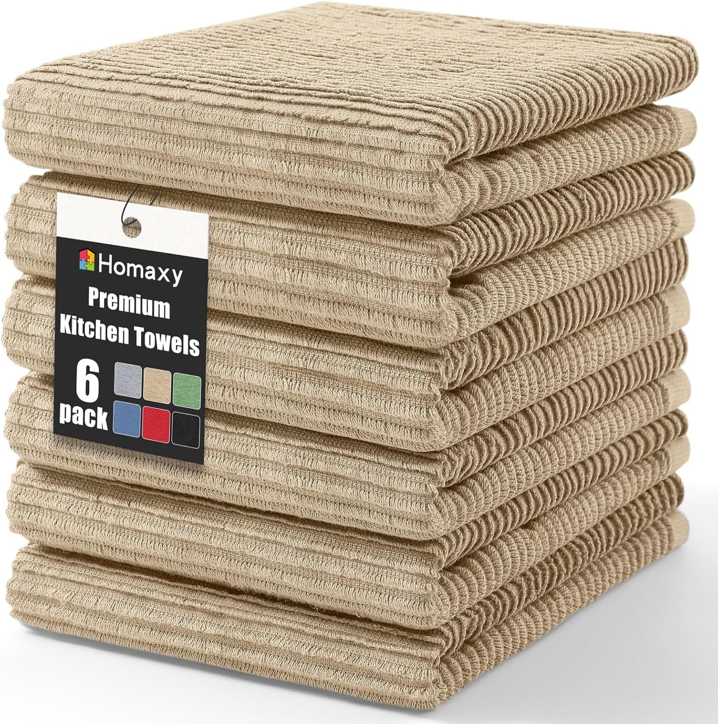 Homaxy Premium Kitchen Towels (18"x 28", 6 Pack), Large 100% Cotton Kitchen Hand Towels, Ultra Absorbent Ribbed Terry Tea Towels Set with Hanging Loop, Khaki