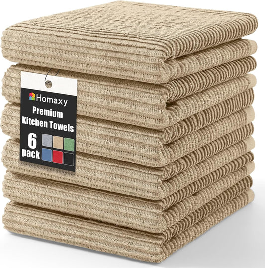 Homaxy Premium Kitchen Towels (18"x 28", 6 Pack), Large 100% Cotton Kitchen Hand Towels, Ultra Absorbent Ribbed Terry Tea Towels Set with Hanging Loop, Khaki