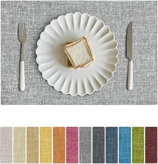 Softalker Faux Linen Placemats Set of 8-12 x 18 Inch, Heat Resistant Double Layered Durable Burlap Farmhouse Place Mats, Non-Slip Washable Rustic Table Mats for Dining, Kitchen, Party（Ash Grey