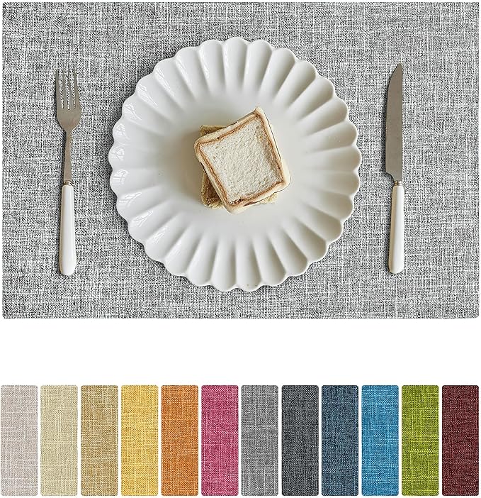 Softalker Faux Linen Placemats Set of 4-12 x 18 Inch, Heat Resistant Double Layered Durable Burlap Farmhouse Place Mats, Non-Slip Washable Rustic Table Mats for Dining, Kitchen, Party（Ash Grey