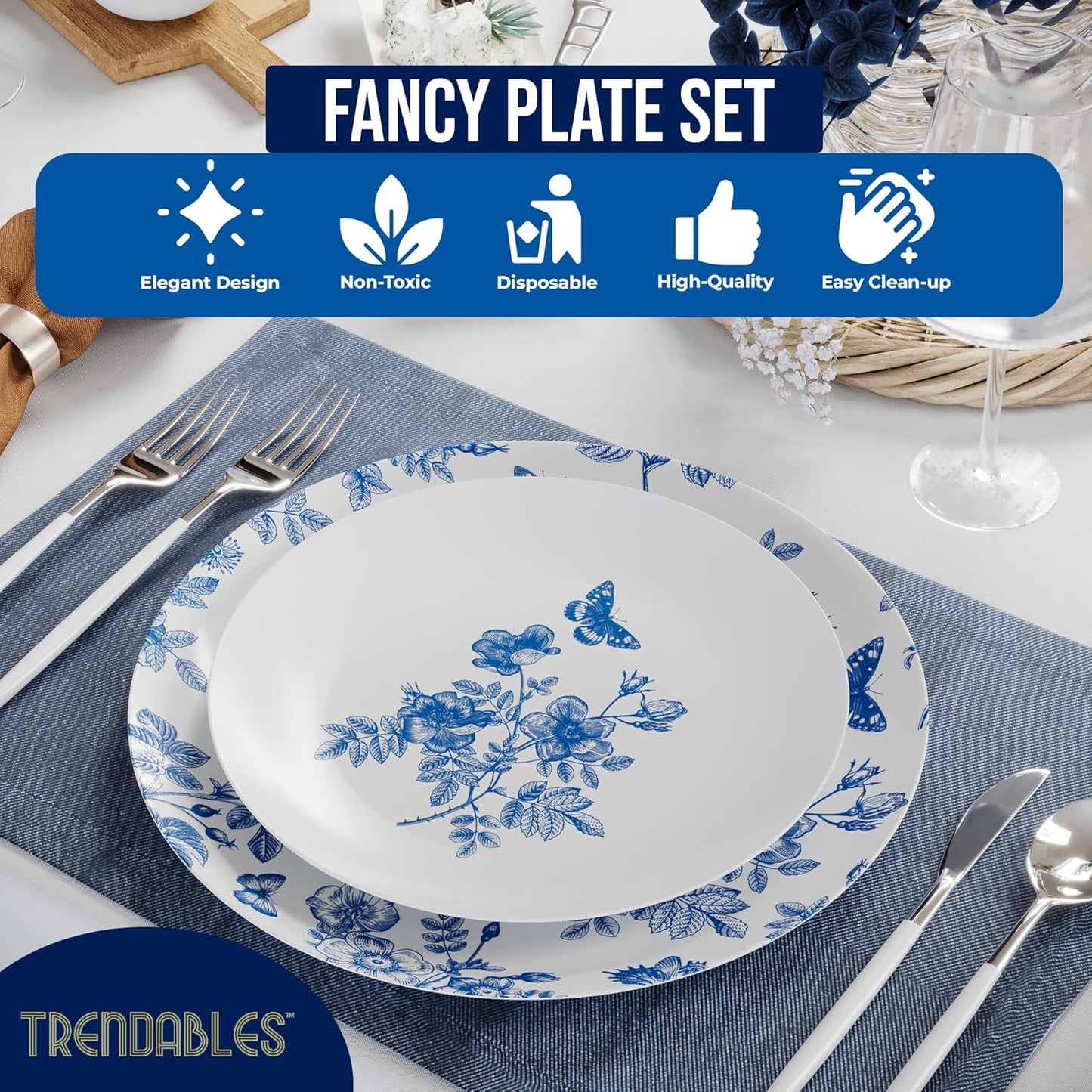 Trendables Disposable Plates For Party Supplies | Blue Floral Plastic Plates For Wedding 80 Pcs - 40 X 8" & 40 X 10" Dinner Plate Sets | Floral Plate Set Disposable Plastic Dinnerware Sets
