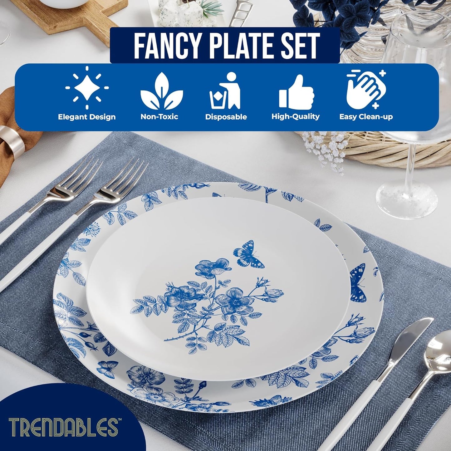 Trendables Disposable Plates For Party Supplies | Blue Floral Plastic Plates For Wedding 200 Pcs - 100 X 8" & 100 X 10" Dinner Plate Sets | Floral Plate Set Disposable Plastic Dinnerware Sets