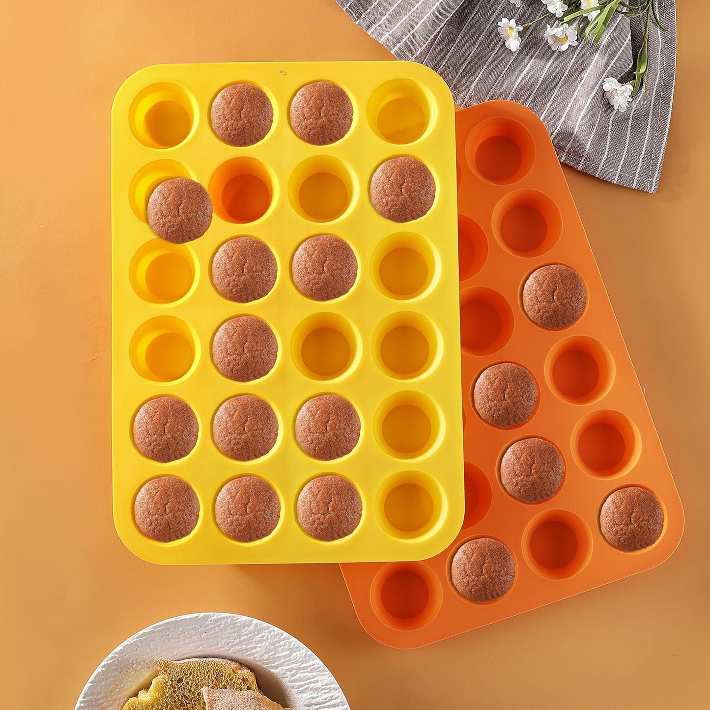 2PCS Silicone Mini Muffin Cupcake Pan, Kaloo Nonstick 24 Cups Silicone Muffin Pans for Baking, Great for Muffin, Cakes, Tart, Bread, Dishwasher Safe (Stylish Orange + Yellow, 24 Cups Each)