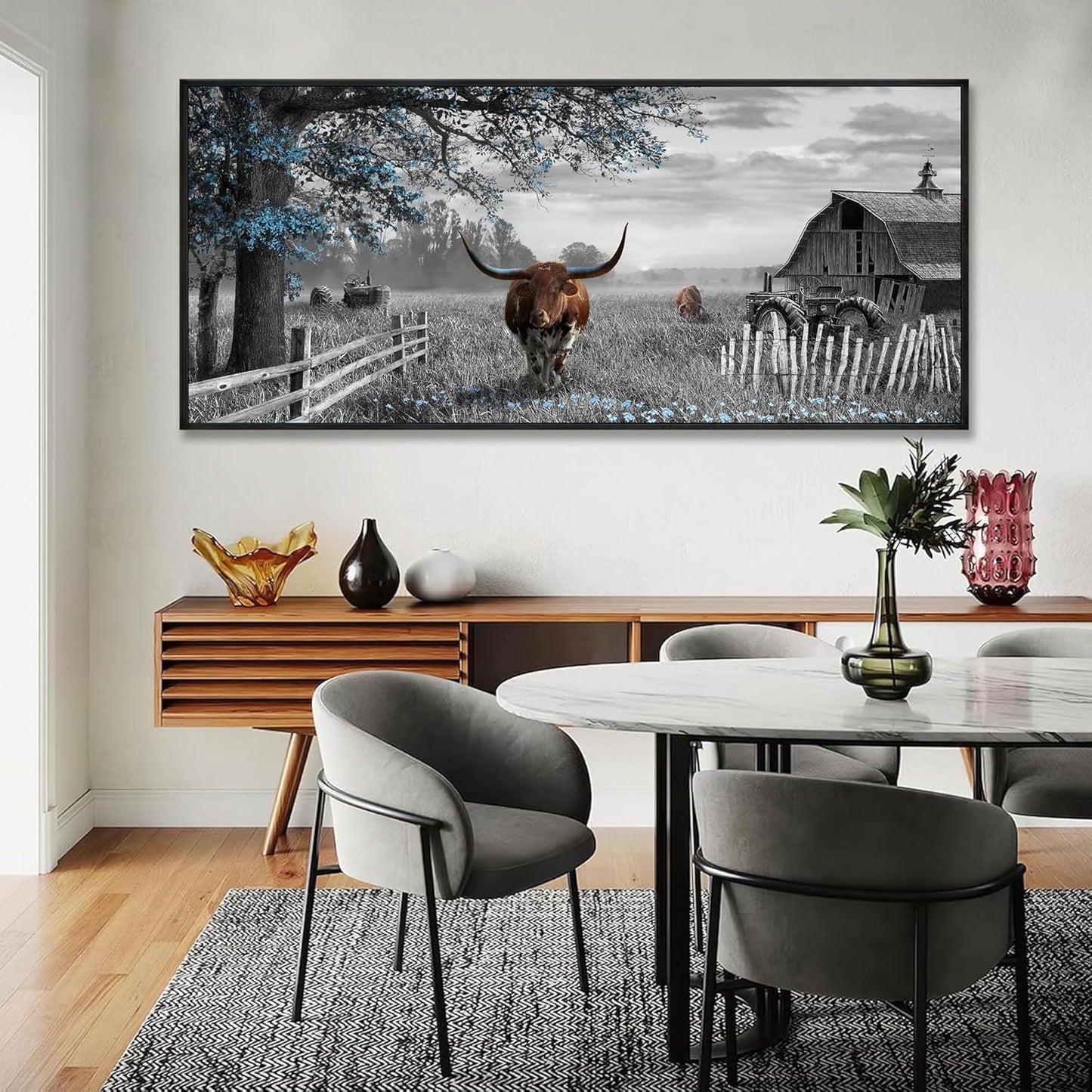 yiijeah Rustic Wall Art - Western Home Decor Cow Picture Extra Large Wall Decr Rustic Longhorn Living Room Bedroom Canvas Framed Artwork Farmhouse Decor