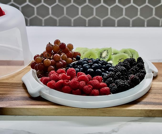 Top Shelf Elements Round Cake Carrier Two Sided Cake Holder Serves as Five Section Serving Tray, Portable Cake Stand Fits 10 inch Cake, Cake Box Comes With Handle, Cake Container Holds Pies (White)