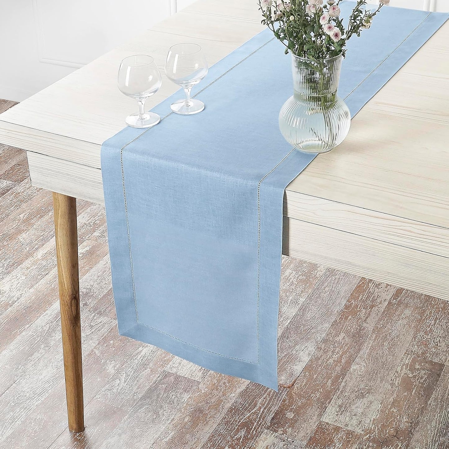 D'Moksha Homes Linen Powder Blue Table Runner 120 Inches Long - 100% Pure Linen Hemstitch 14 x 120 Inch Table Runner for Dining, Fall, Autumn and Halloween - Classic Hemstitch
