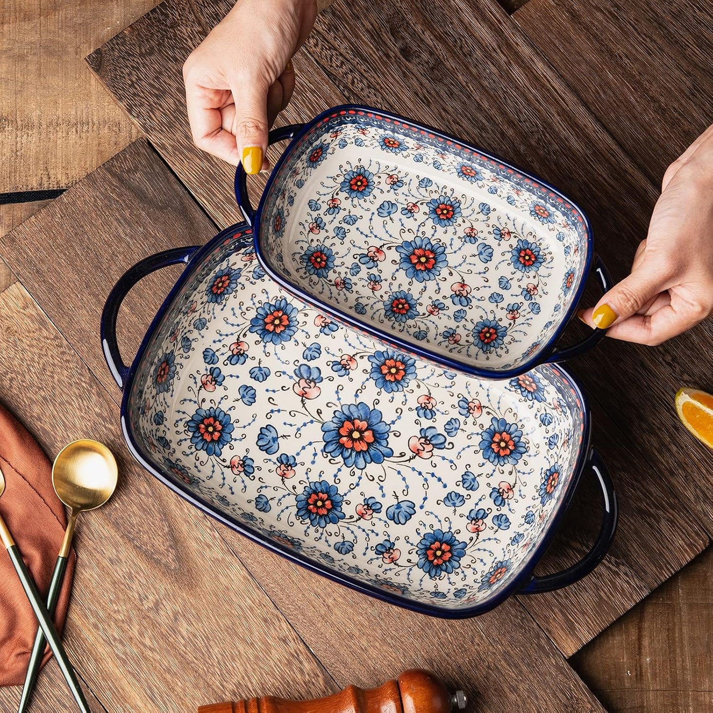 Baking Dish Ceramic Baking Pan Blue Casserole Dish Rectangular Baking Set 2pcs Bakeware Sets Lasagna Pan Baking Dishes for oven (Blue plasma grass)