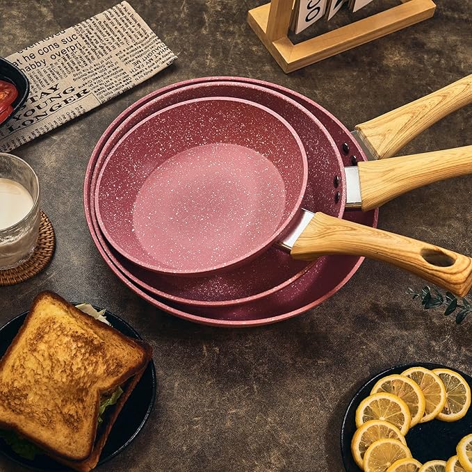 Frying Pan Nonstick Set, 8" & 9.5" & 11" Pink Egg Pan, Non Stick Fry Pan Set PFOA-Free Omelet Pan, Toxin-Free Skillets Stone Cookware, Anti-Warp Base with All Stove Tops Available,Induction Compatible