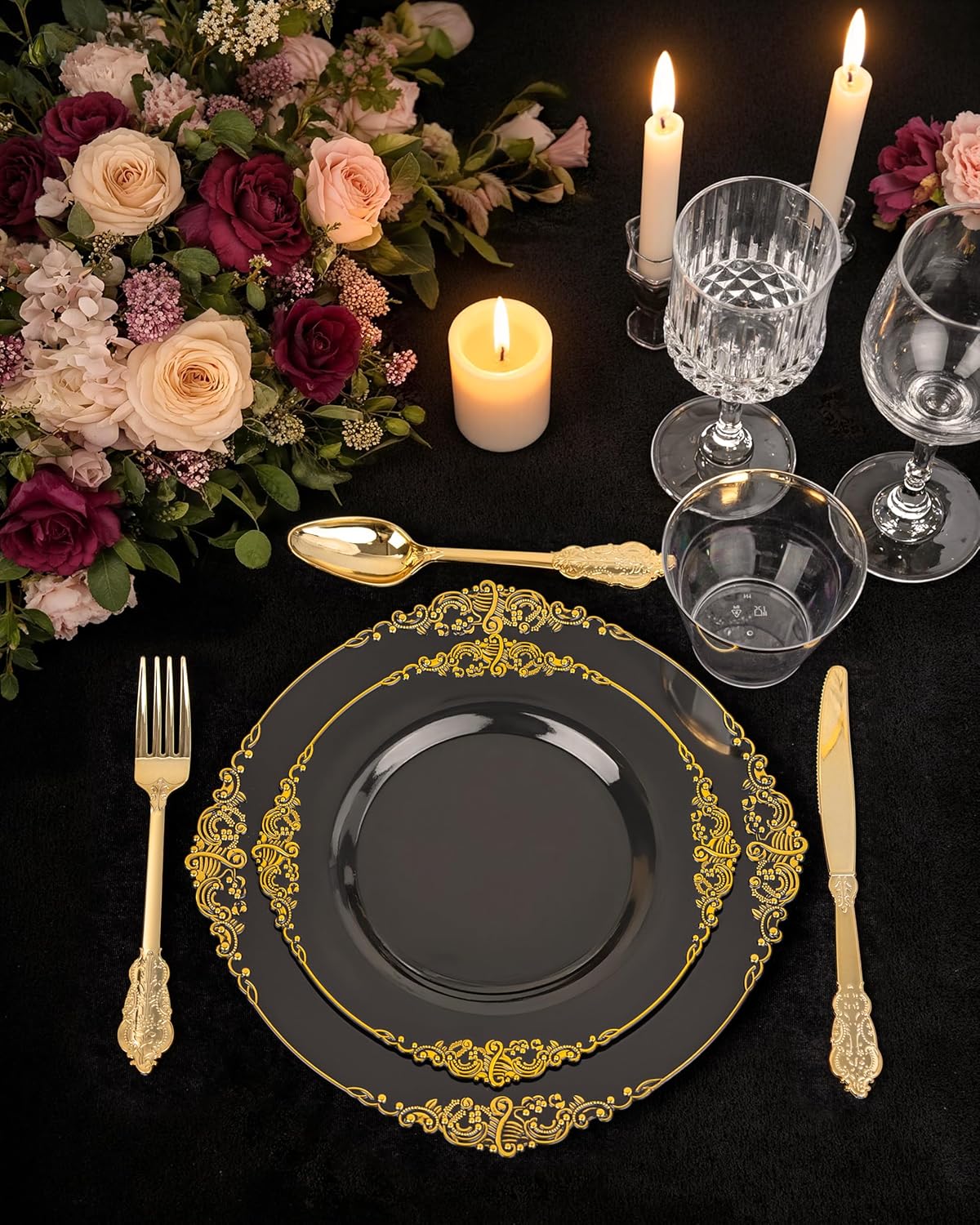 Nervure 350PCS Black Plastic Plates - Black Plastic Dinnerware Sets for 50 Guests - 100 Disposable Plates, 150 Gold Silverware, 50 Cups, 50 Napkins for Wedding & Party & Halloween