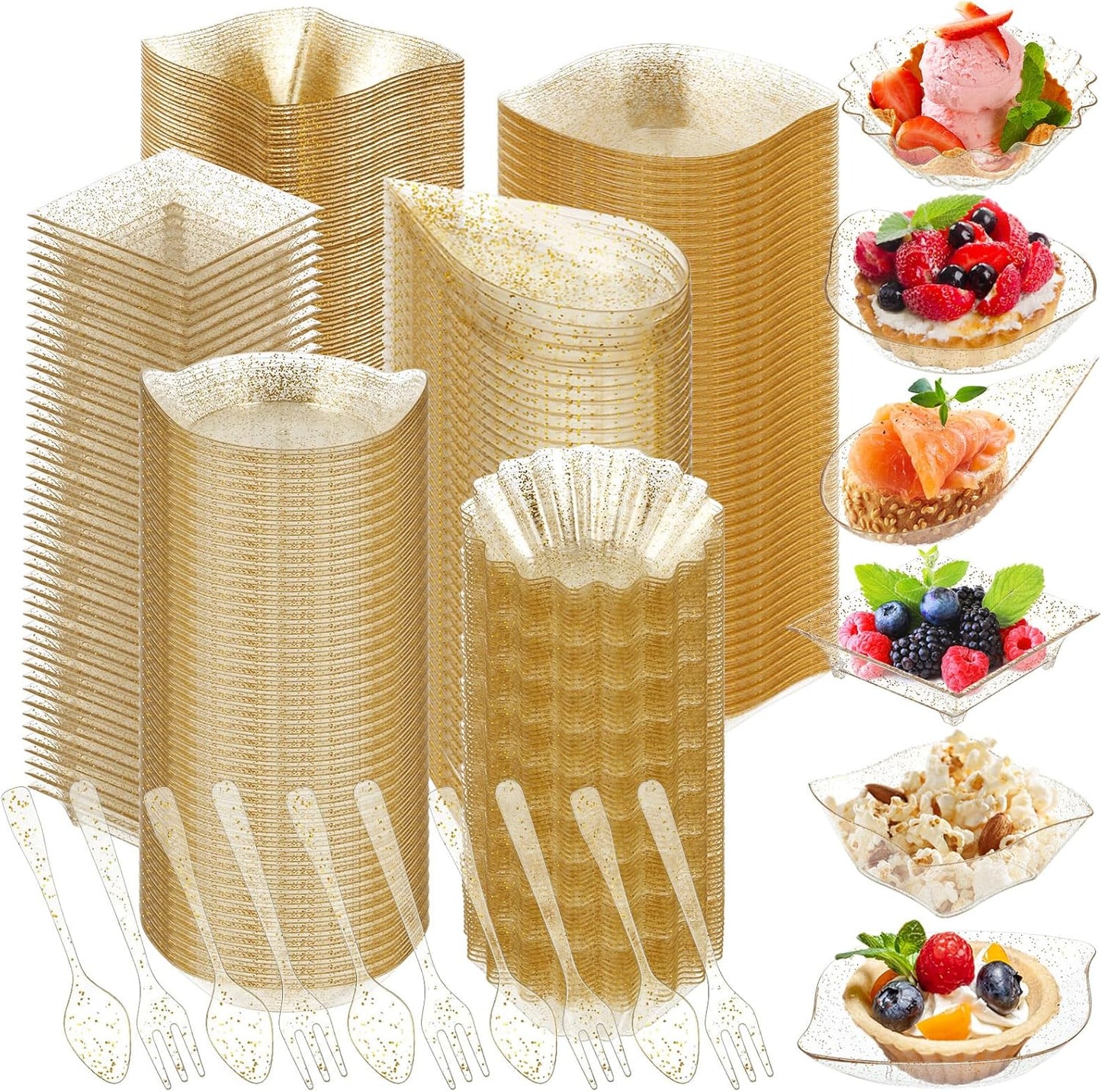 Tessco 1200 Pcs Mini Appetizer Plates Set Including 600 Pcs 6 Shapes Disposable Mini Dessert Cups 300 Spoons 300 Forks for Party Wedding Pudding Ice Cream(Gold)