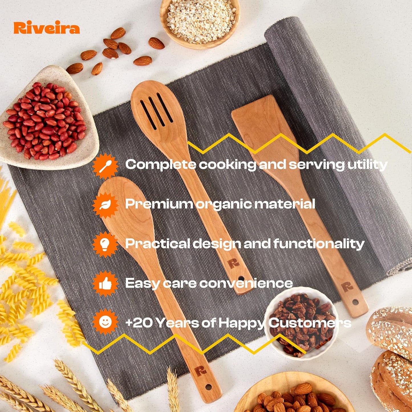 Riveira Cherry Wooden Spoons for Cooking Set of 3 – Natural Cherry Wooden Cooking Utensils, Wooden Spatula, Wooden Spoon - Premium Quality Wooden Utensil Set for Non-Toxic Cooking