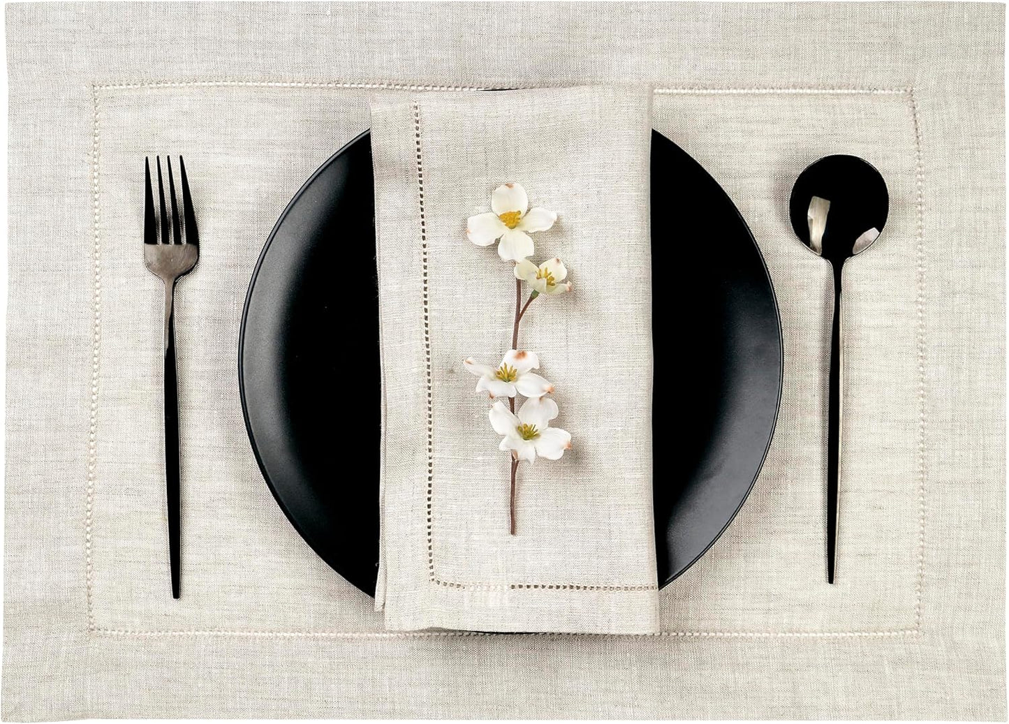 D'Moksha Homes Light Natural Linen Cloth Placemats Set of 4-100% Pure Linen Hemstitch Placemats 14 x 19 Inch - Classic Hemstitch Table Place Mats for Fall, Halloween - Handcrafted, Machine Washable