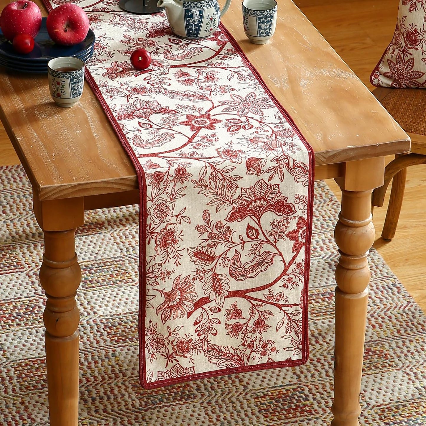 ISAENNE Designer Chinoiserie Elegant Linen Table Runner 87 Inches Long,Red Floral Pattern Decor Table Runners for Thanksgiving,Dining Room,Banquet,Kitchen Tables,Christmas,12"*87"-Ruyi A