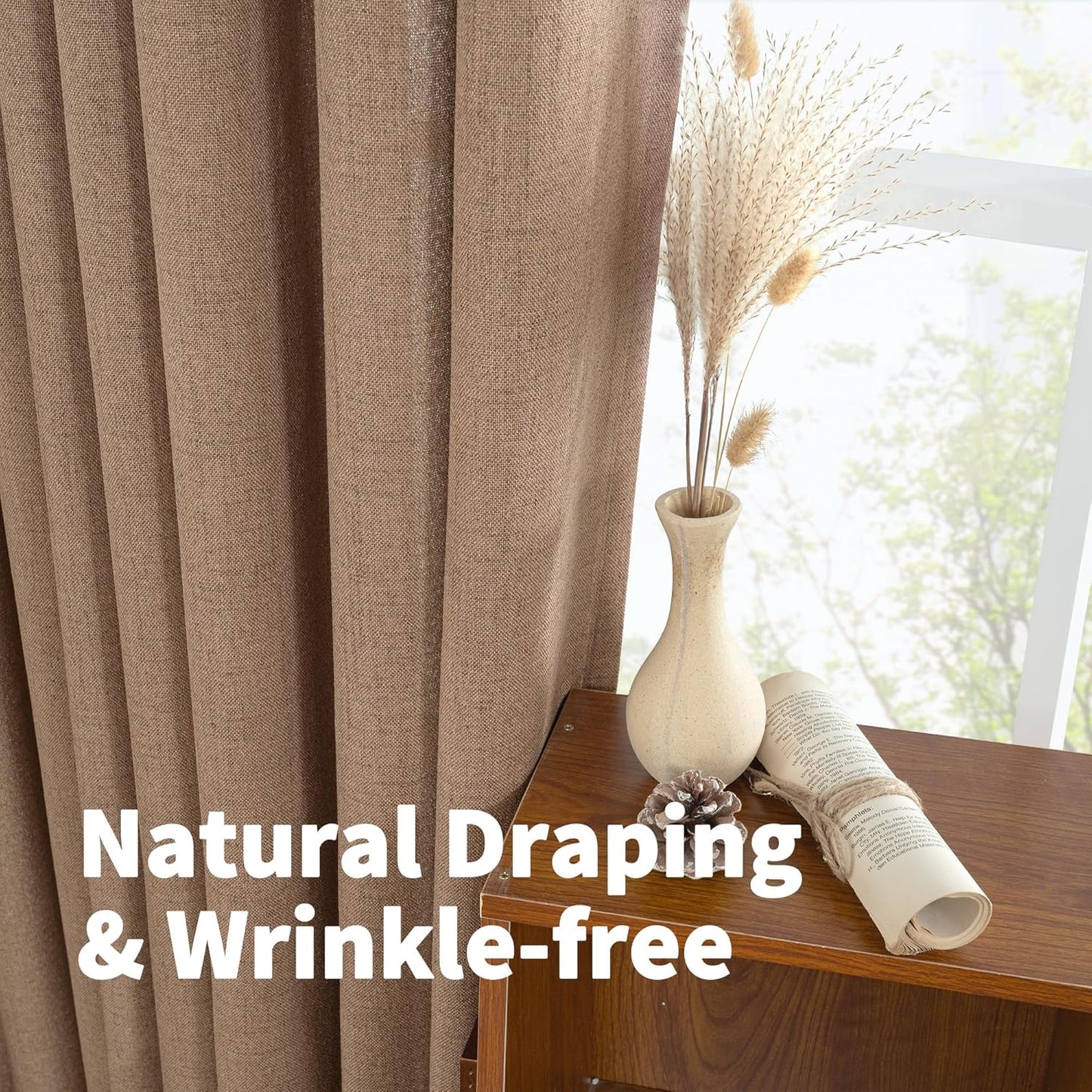 YoungsTex Linen Curtains 45 Inches Length for Small Window, Mocha Semi Sheer Light Filtering Drapes with Bronze Grommet for Short Living Room Bedroom, 2 Panels, 42 X 45 Inch