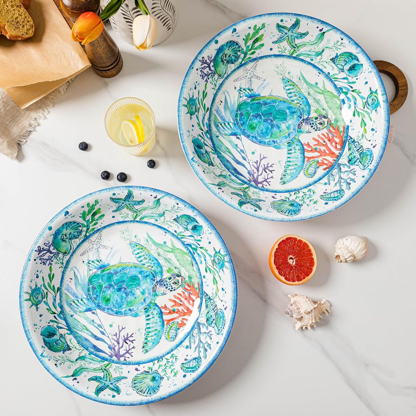 LEHAHA Extra larger Melamine serving bowl set, Coastal 13.75 Inch 130 Oz Large Fruit Bowl, Pasta Bowl, Set of 2, Serving Dishes for Entertaining, Vibrant Color Large Bowl for Party…