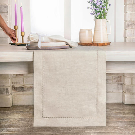 D'Moksha Homes Linen Light Natural Table Runner 72 Inches Long - 100% Pure Linen Hemstitch Table Runner 14 x 72 Inch for Dresser, Dining, Fall, Autumn and Halloween - Classic Hemstitch
