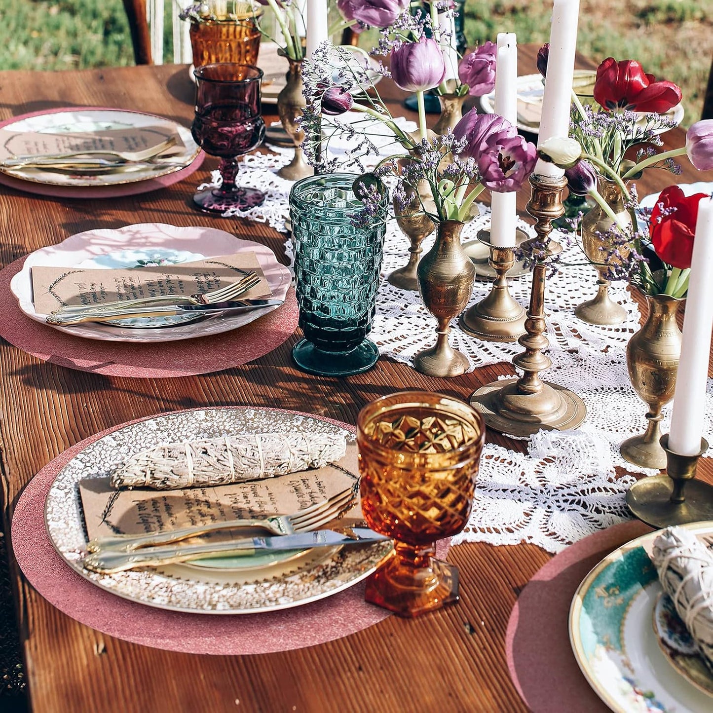 50 Pieces Rose Gold Glitter Paper Place Mats Sparkle 14'' Round Disposable Table Mats Rose Golden Doilies Decorative Placemats for Wedding Banquet Party Home Dining Table Decor