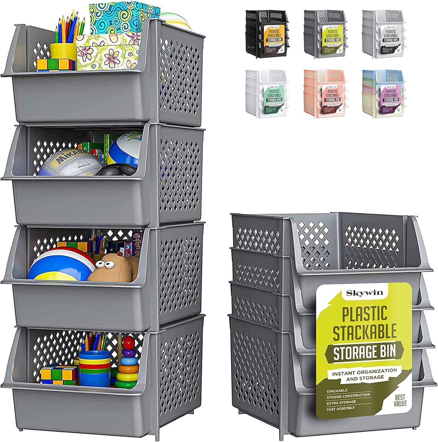 TidyFriend Stackable Storage Bins for Closet Organizers and Storage 4 Pack, Garage Storage Bin Stackable, Bathroom and Garage Organizer (Grey)