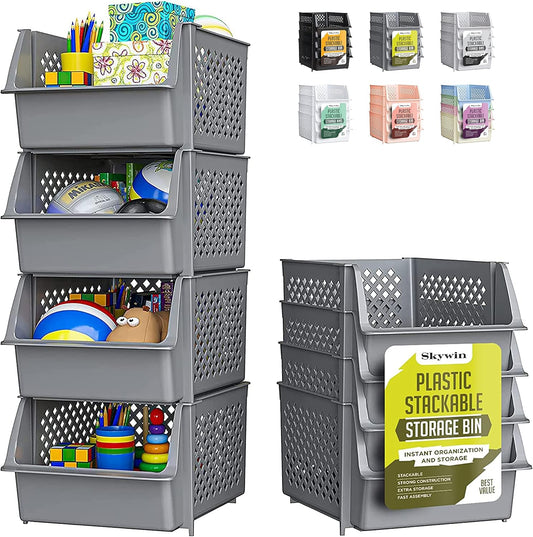 TidyFriend Stackable Storage Bins for Closet Organizers and Storage 4 Pack, Garage Storage Bin Stackable, Bathroom and Garage Organizer (Grey)
