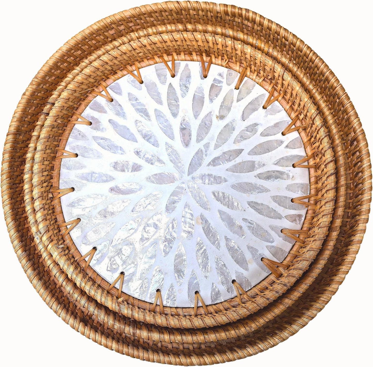 i-lan Set of 3 Rattan and Mother of Pearl Round Serving Trays,3pcs Desk Table Serving Platters,Woven Basket Inlaid Mother of Pearl Plates for Home Décor, Coffee Table,Display