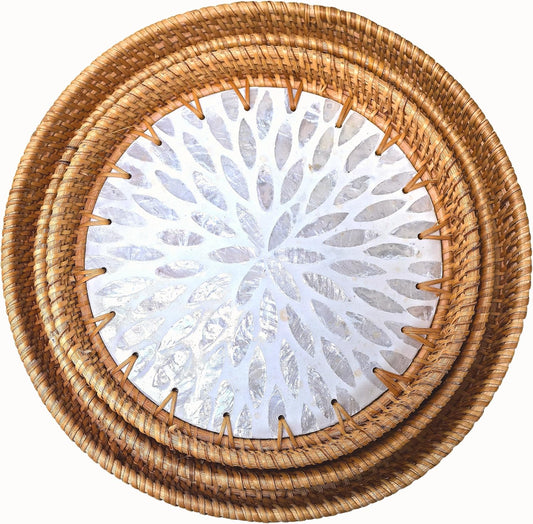 i-lan Set of 3 Rattan and Mother of Pearl Round Serving Trays,3pcs Desk Table Serving Platters,Woven Basket Inlaid Mother of Pearl Plates for Home Décor, Coffee Table,Display