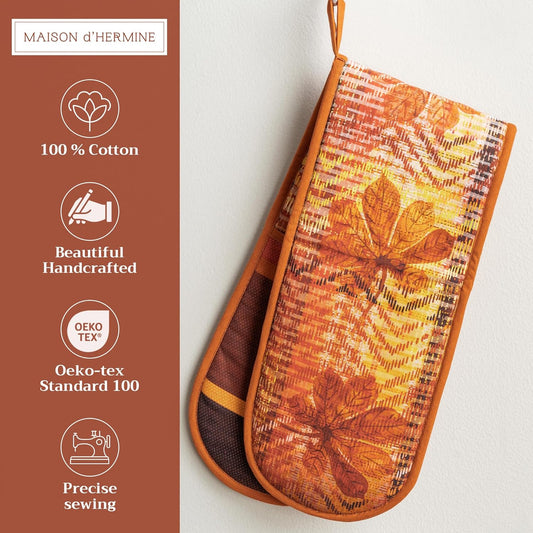 Maison d' Hermine Double Oven Mitt (7" x 35") 100% Cotton Heat Resistant BBQ Cooking Gloves with Loop for Thanksgiving Christmas Decorations Baking Cooking Handling Hot Pan (Thanksgiving Tartan)
