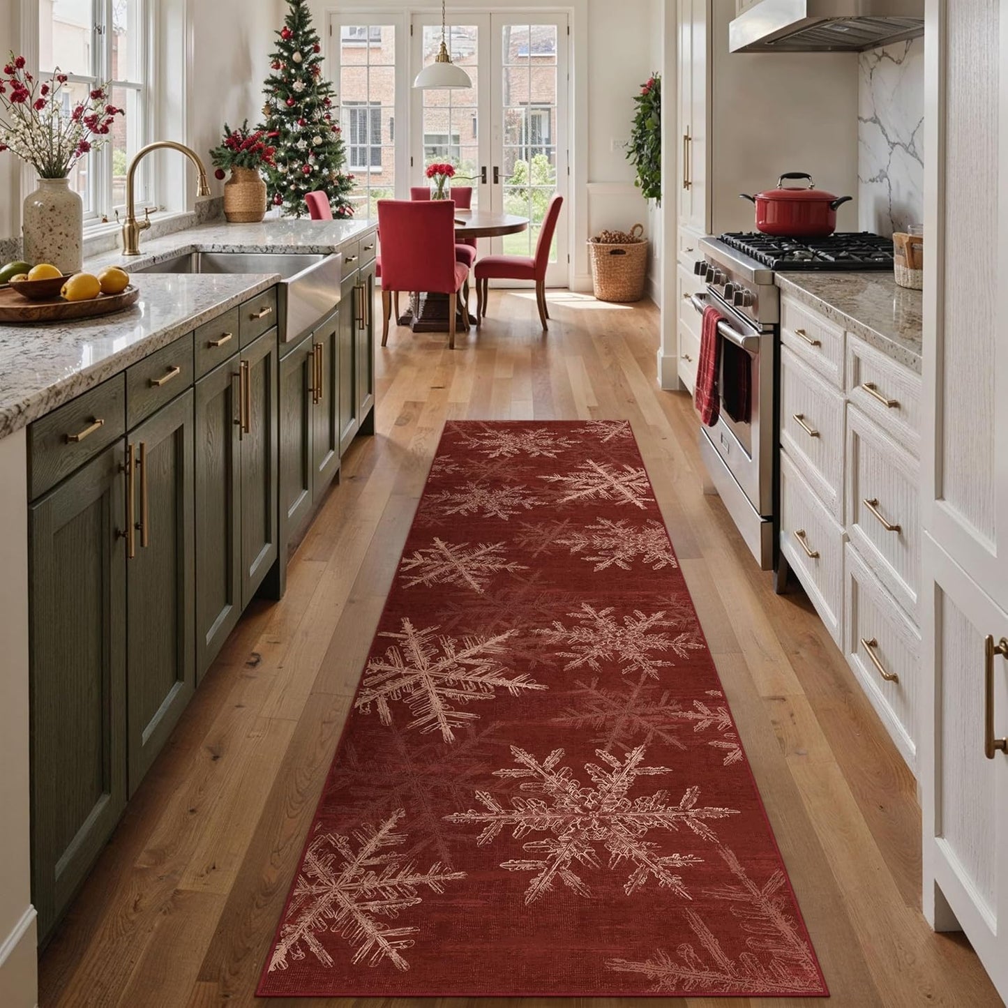 Snowflake Runner Rug 2x8 Red Christmas Hallway Carpet Washable Bedroom Carpet Xmas Holiday Decor Non Slip Kitchen Mat Indoor Decorative Throw Rug Dining Room Laundry Room Living Room