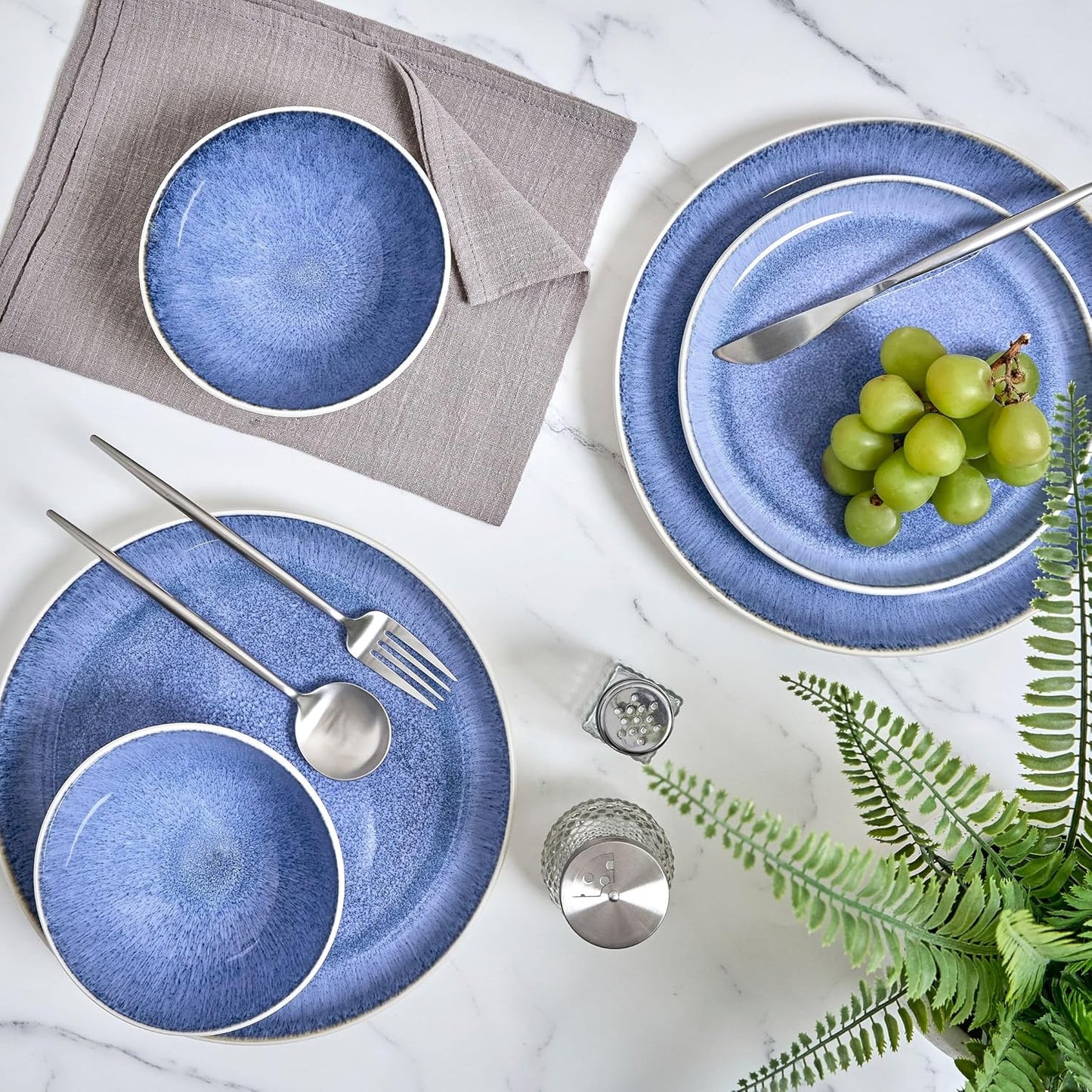 Sango 12-Piece Stoneware Dinnerware Set for 4, Light Blue Reactive Glaze on White Plates and Bowls Sets, Kitchen Ceramic Dish Set, Modern Dishes for Everyday Dining, Microwave & Dishwasher Safe, Cove