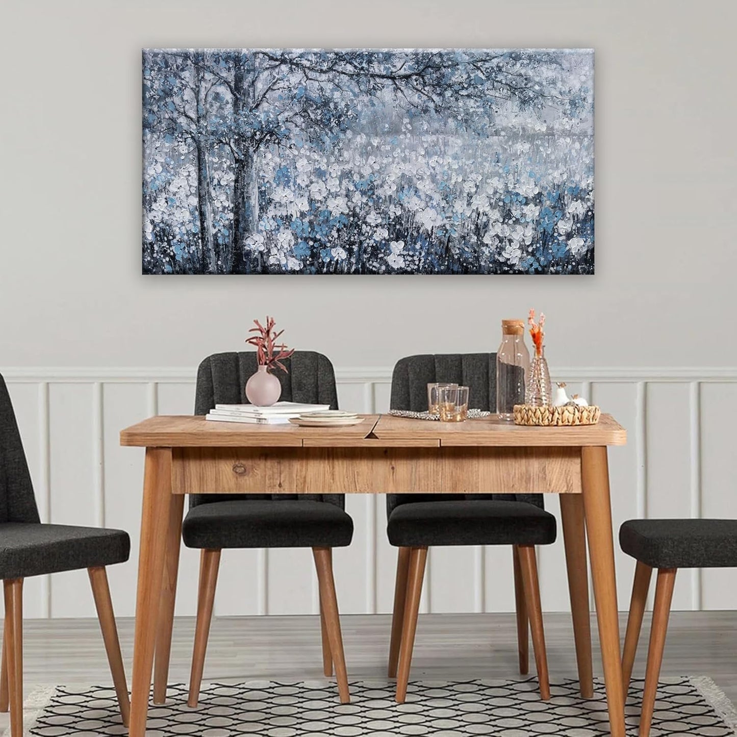 Wall Art for Living Room Blue And White Abstract Tree Flower Modern Artwork Canvas Painting Textured Tree Pictures Wall Decor Bedroom Dining Room Home Office Decor 24"x48" Ready to Hang