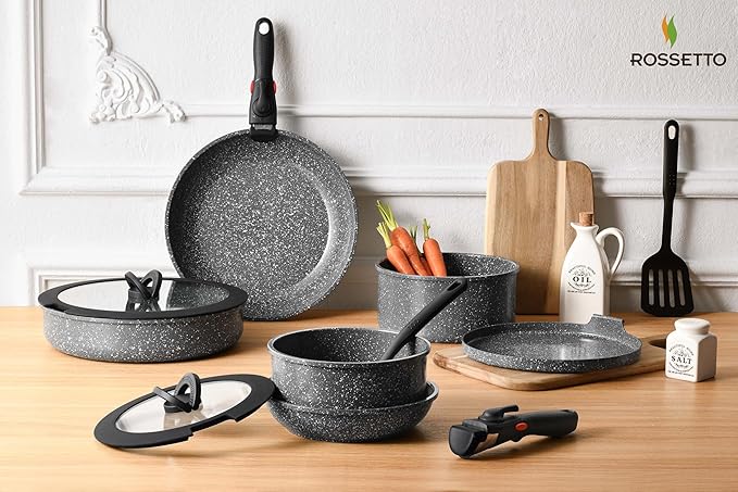 ROSSETTO 16pcs Aluminium Nonstick Pots and Pans Set from France with detachable Handle, Stackable, Ceramic RV Kitchen Cookware Sets Removable Handle, PFOA and PTFE Free, Oven Safe, Induction