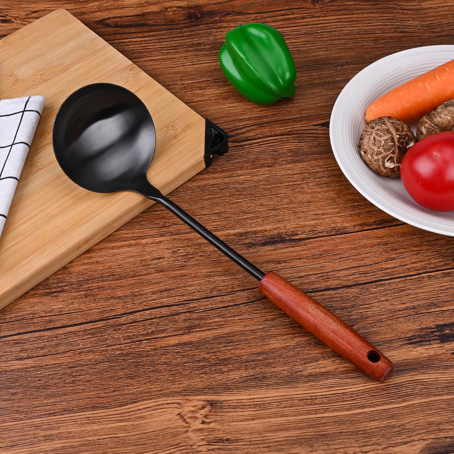 FJNATINH Soup Ladle, Food Grade 304 Stainless Steel Ladle, Large Metal Ladel Kitchen Cooking Soup Spoon Tools with Heat Resistant Wooden Handle, Integral Forming 13.8 Inches