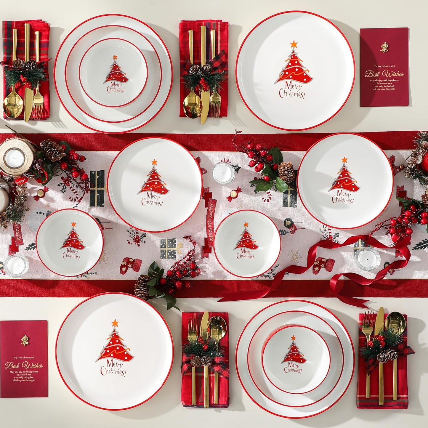 MALACASA Plates and Bowls Sets, 12 Pieces Christmas Porcelain Dinnerware Set for 4, Ceramic Dishware Dishes Kitchen Dining Ware Set, Microwave and Dishwasher Safe, Series LUNA-Christmas Tree