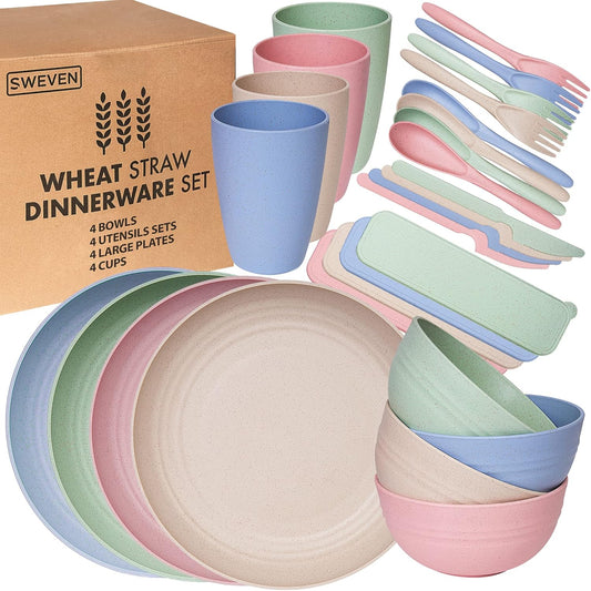 Wheat Straw Dinnerware Sets | Unbreakable Dinnerware Sets | Dishwasher Microwave Safe Dinnerware | Eco Friendly Non Breakable Dinnerware Sets | RV Outdoor Camping (Multi, Service for 4 (28 pcs))