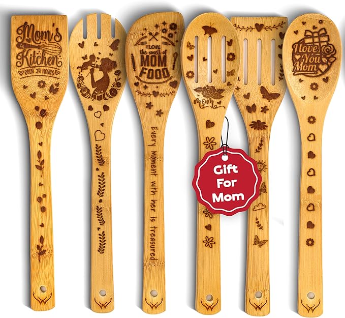 Cooking gifts for women, 6-Piece Bamboo cooking utensils with Spatulas & Spoons, Wooden Utensils, Heat-Resistant, Eco-Friendly Kitchen Utensils for Kitchen gifts for mom (Christmas Gifts for women)
