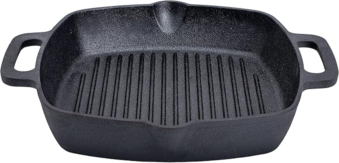 Bruntmor 10 Inch Square Cast Iron Grill Pan Steak Pan Pre Seasoned Grill Pan with Easy Grease Drain Spout, with Large Loop Handles for Grilling Bacon, Steak, and Meats