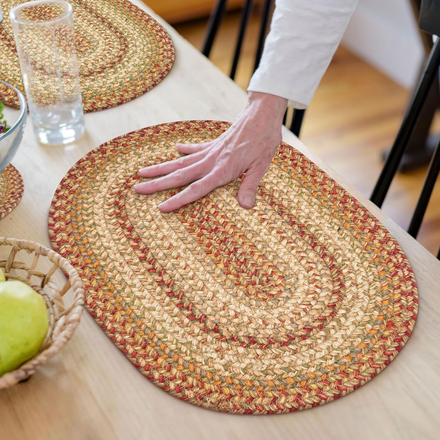 Harvest Jute Braided Placemats, Warm Country Decor, Set of 4, Multicolor 13x19 Oval Table Mats - Vibrant Colors, Durable, Easy to Clean and Protects Furniture
