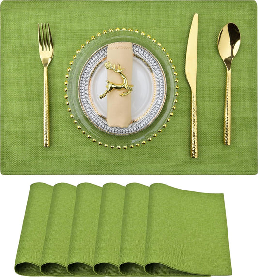 SLKQG Green Linen-Look Placemats Set of 6, Heat Resistant & Machine Washable Double-Layered Cloth Placemats for Dining Table, Indoor/Outdoor Use, Non-Slip Kitchen Table Mats (6, Grass Green)